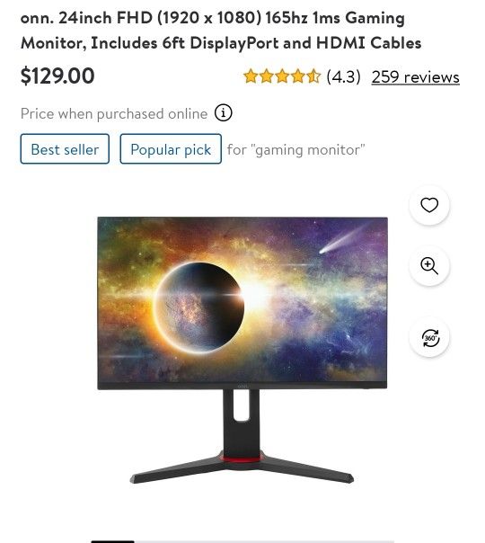 onn. 24 FHD (1920 x 1080p) 165hz 1ms Adaptive Sync Gaming Monitor