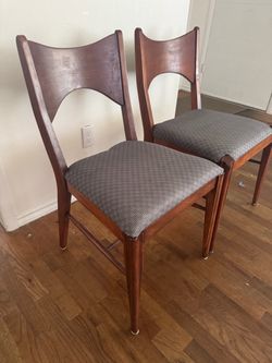 Pair of Mid-Century Modern Wood Dining Chairs – Upholstered Seats