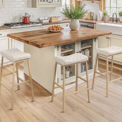 24”Counter Height Bar Stools Set of 3, Barstools with Thick PU Leather Saddle Seat & Sand (AB35)