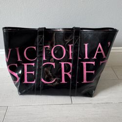 Victoria Secret Large Black Patent  Pink Logo Tote Bag 