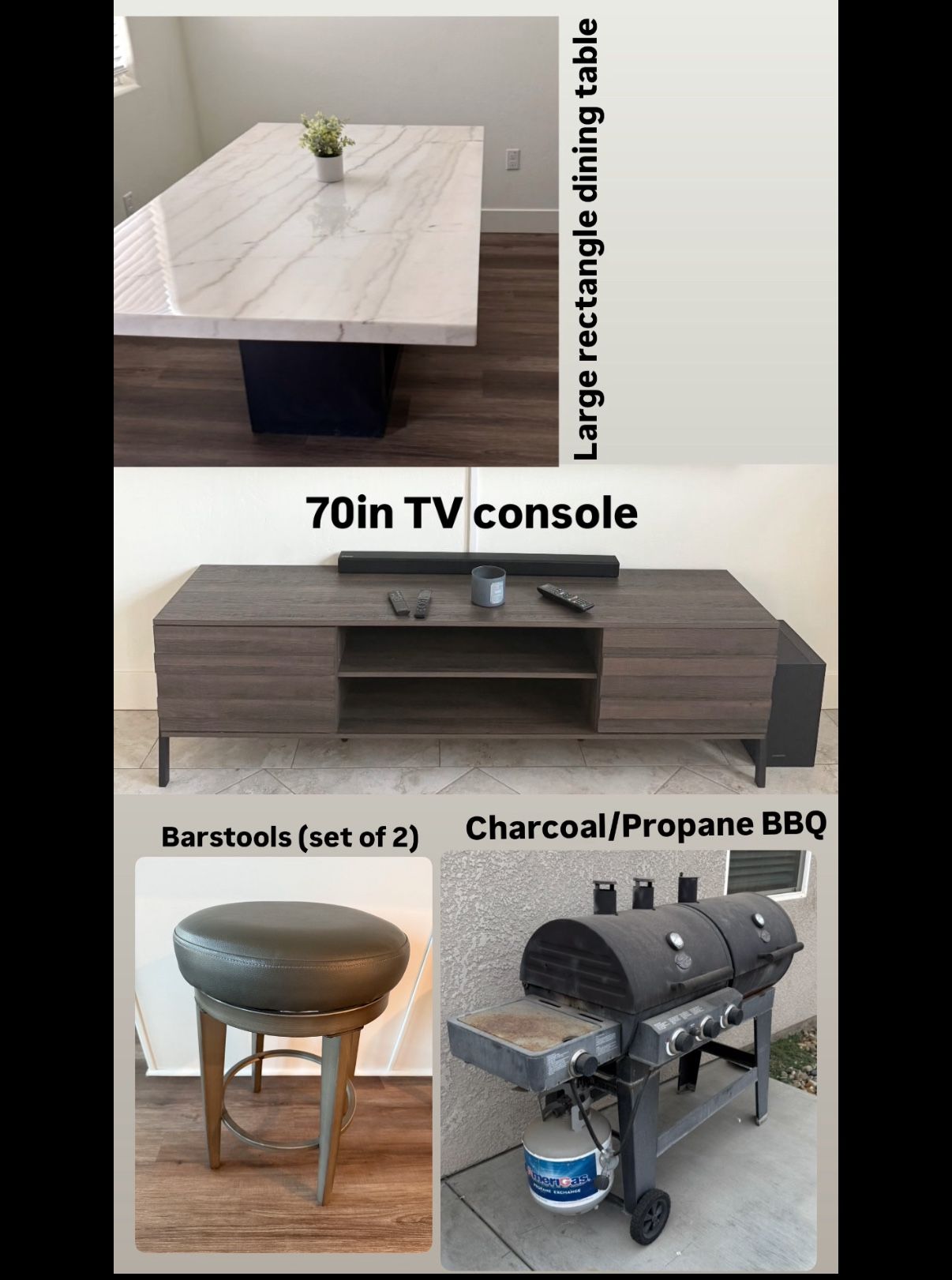 Table, TV Console, Barstools, BBQ
