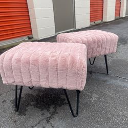 Set Of 2 Pink Furry Ottomans Stools