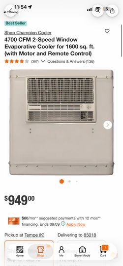 Champion Cooler 4700 CFM 2-Speed Window Evaporative Cooler NO REMOTE CONTROL
