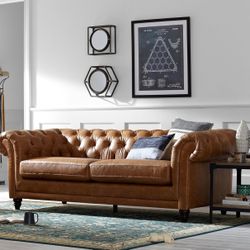Cognac Brown Chesterfield Genuine Leather Sofa - Like New