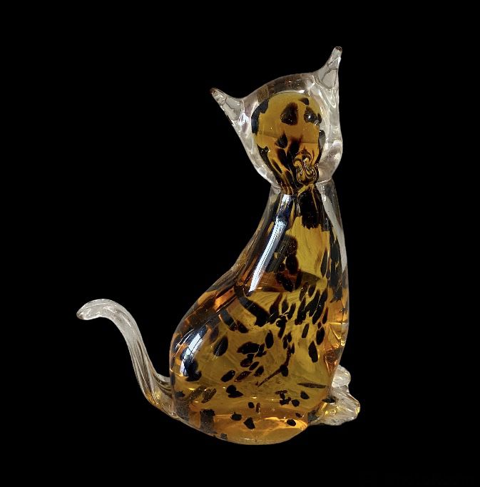 Vintage Italy 8 1/2" Art Glass CAT Figure Paperweight Clear Amber Spots Decor 