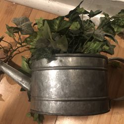 Small galvanized watering bucket with ivy, making it a plant holder