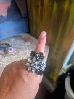 Black Floral Crystal Statement Ring Adjustable Made In Mexico