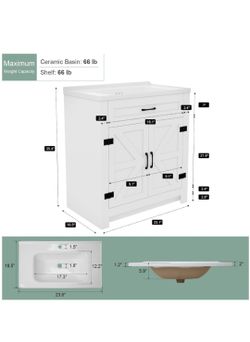 24 Inch Bathroom Vanity with Sink, Small Bathroom Vanity Cabinet with Single Sink, White Bath Vanities with 2 Barn Doors (19" D x24" W + 36" H)