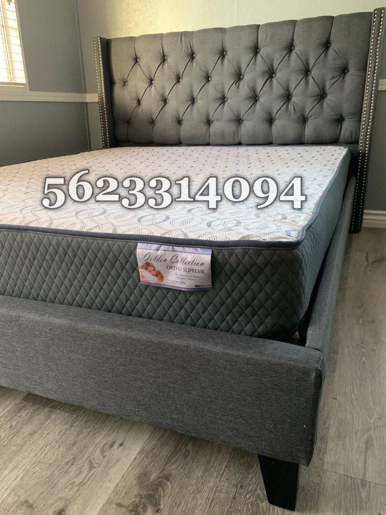 Queen Gray Tufted Bed with Mattress Included