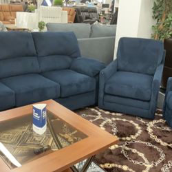 Navy Blue Sofa Corduroy And 2 Rocker / Swivel Chairs