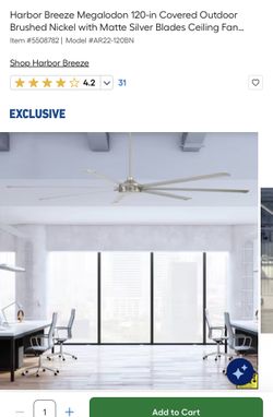 Harbor Breeze Megalodon 120-in Covered Outdoor Brushed Nickel with Matte Silver Blades Ceiling Fan Without Light 7 -Blade Item # | Model #AR22-