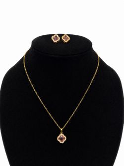 Pink Clover Pendant Necklace with Cubic Zirconia Halo – Gold Tone Clover Necklace & Earrings Set