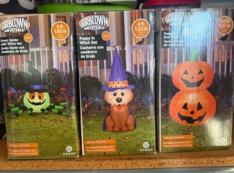 HALLOWEEN INFLATABLES AIRBLOWN HALLOWEEN SPIDER PUPPY IN WITCH HAT PUMPKIN STACK