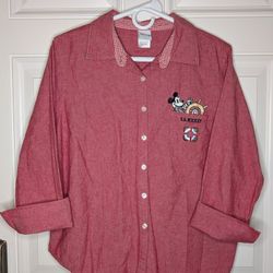 Vintage Disney Shirt Button Women's XL Red Chambray SS Mickey Mouse Embroidered 