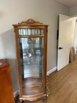 Oak Wood Curio Cabinet with Glass Shelves