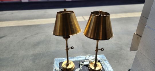 Pair of Curated Pottery Barn Solid Antique Brass Finish Lamps– Estate Provenance