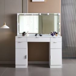 Vanity Mirror Desk With Drawers And Cabinet Doors For Storage, 3 Lighting Modes 