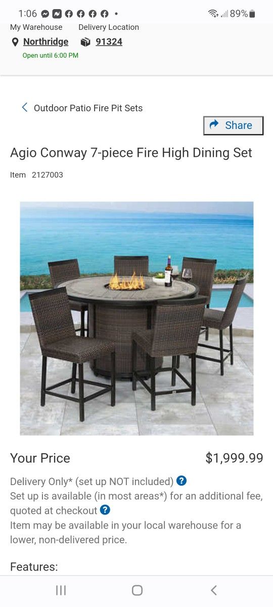 Agio Conway 7-piece Fire High Dining Set $1,500