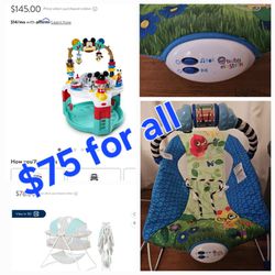 $75 For All Mickey Baby Activity Center Bassinet And Bounce Chair Bundle Lot
