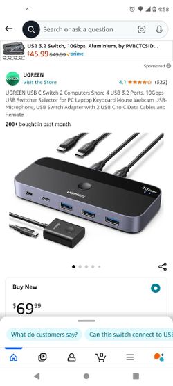 UGREEN USB C Switch 2 Computers Share 4 USB 3.2 Ports, 10Gbps USB Switcher Selector for PC Laptop Keyboard Mouse Webcam USB-Microphone