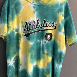 Greatful dead Jerry Garcia steal your base collab w the Oakland athletics baseball mlb team tie dye spiral shirt very cool one of a kind and unique me