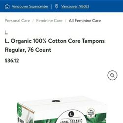 100 % Organic Cotton Core Tampons