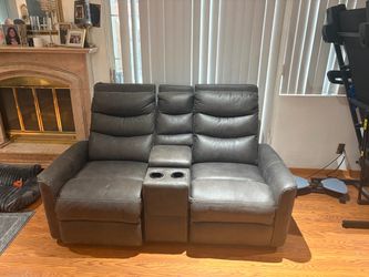 Gray Leather Reclining Loveseat with Console