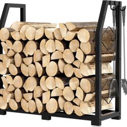 Firewood Rack for Outdoor, Firewood Holder with 3 Hanging Hooks, Heavy Duty Wood Rack for Indoor Outdoor Patio, Black