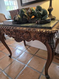 Vintage French Provincial Wood Console Table With Green Marble Top