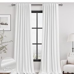 Pure White Linen Blackout Curtains 52 W x 108 Inches Long 2 Panel Set