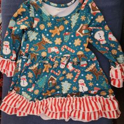 Girl Christmas dress with red and white stripe trim