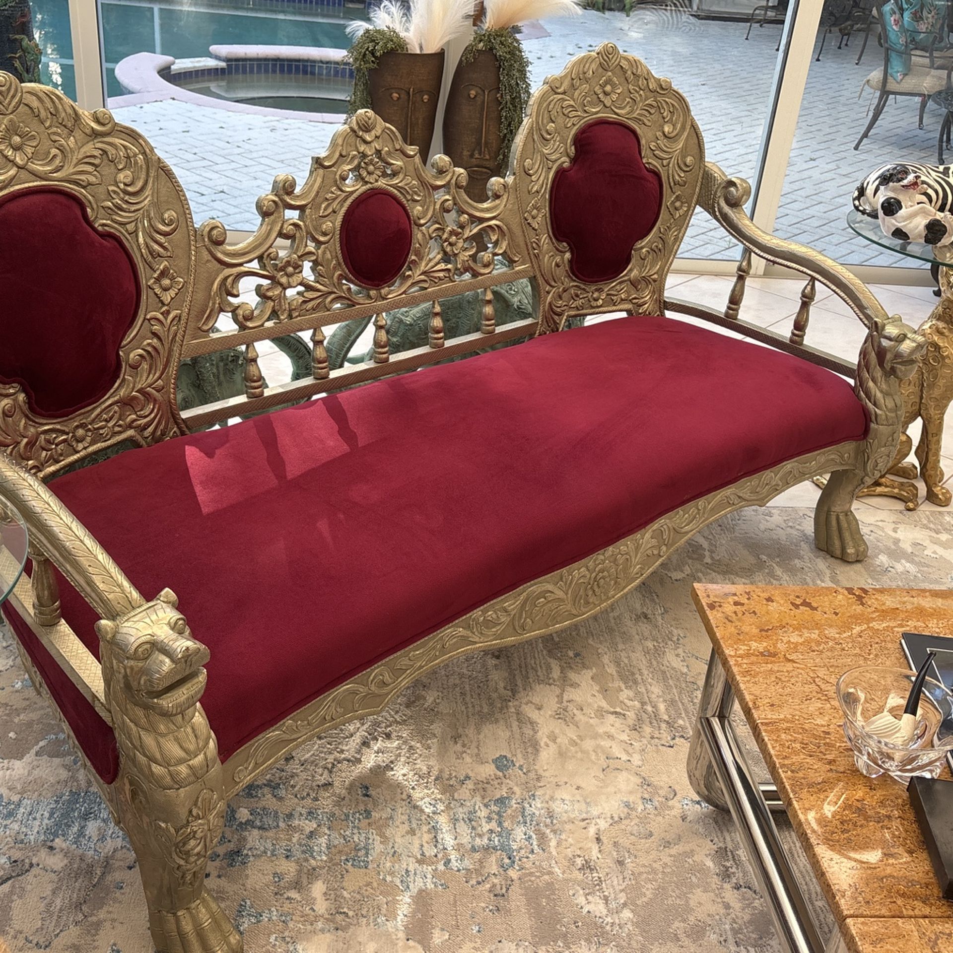 SPECTACULAR 3 Piece Lion Head Living Room Set. 1 Ornate Sofa & 2 King Or Queen Throne Chairs. Plum Fabric. Gorgeous W/ Ornate Antique, Victorian, Etc