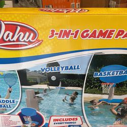 Wahu 3-in-1 Pool Sports Game Pack with Basketball and Hoop, Volleyball and Net, and Paddles and Paddle Balls, Pool Volleyball, Basketball, and Paddle 