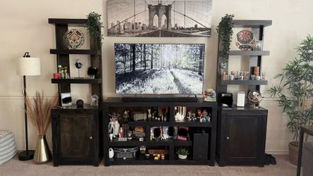 Moving Sale – Solid Wood TV Console Set with Matching Towers