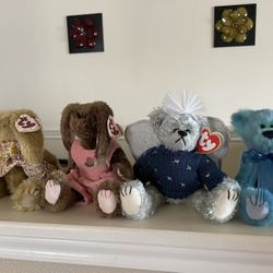 Ty Attic Treasures 1993 Azure & 93 Sterling Bear Beanie Baby Shelby & Rose Bunny