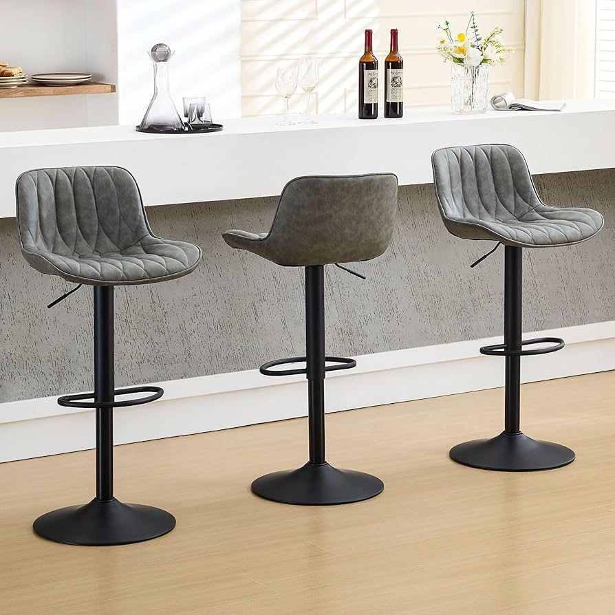 Counter Height Bar Stools Set of 3, Grey Swivel Bar Stools with Back, Adjustable Bar Stool 25"-33", Modern Faux Leather Barstool for Kitchen Island (G