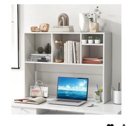 Desk Hutch Dorm White, 4 Cubes Desktop Bookshelf, 37” Wood Tabletop Storage Organizer Shelf for Computer Monitor, Modern Countertop Display Hutch, Hom