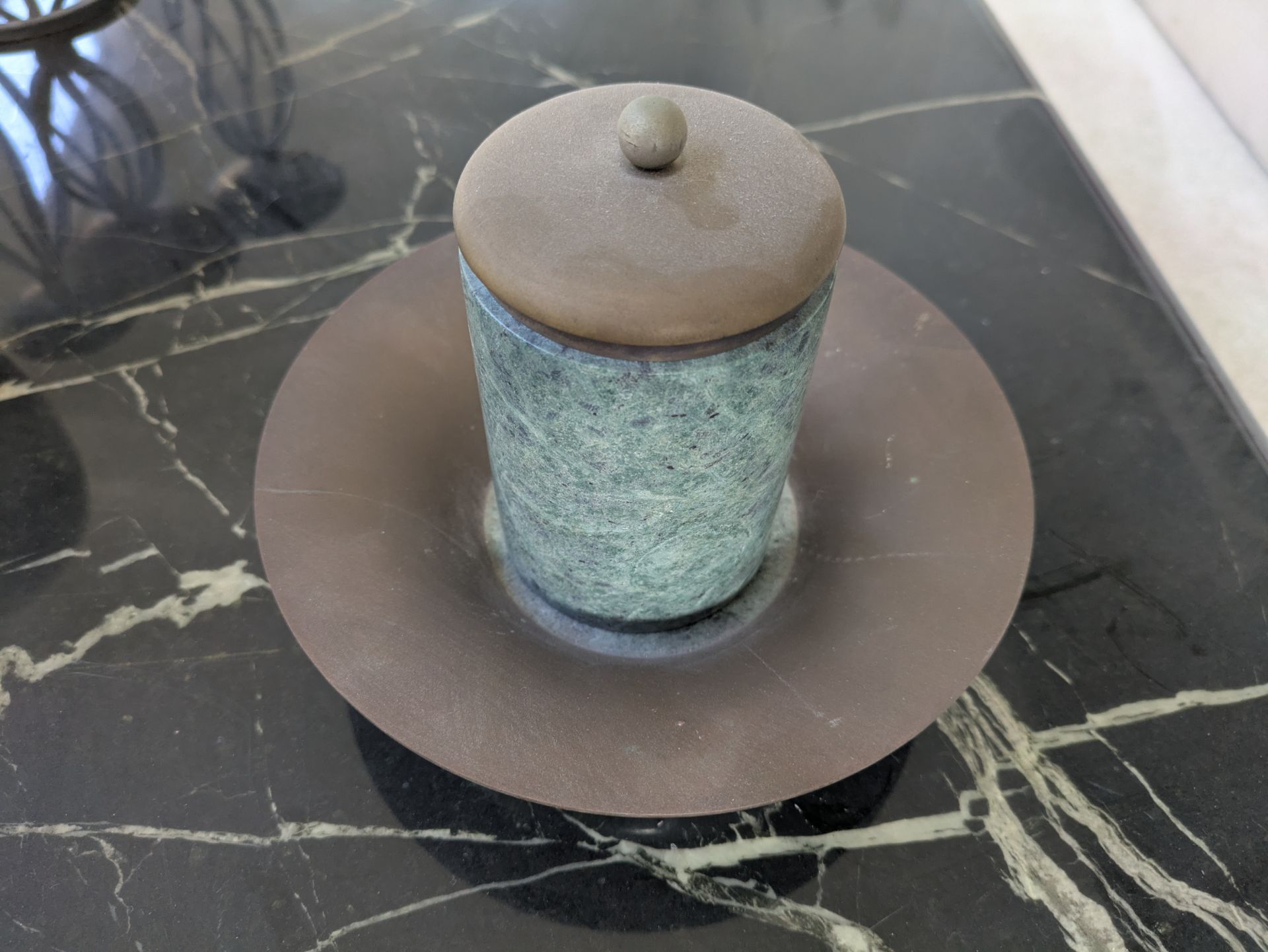 Stylish decorative set. Has a green marble container with a bronze lid and a matching bronze tray