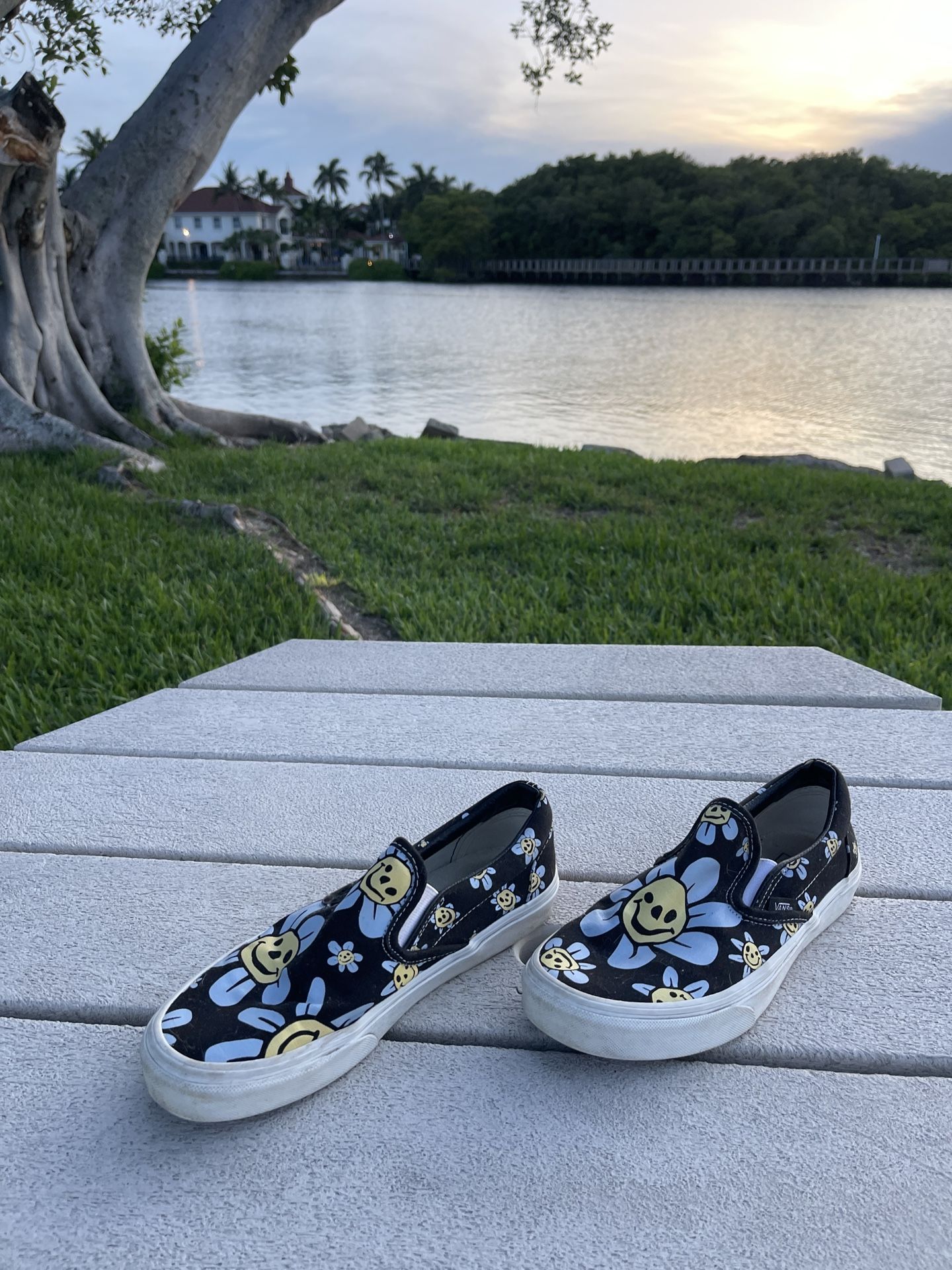 VANS Classic Slip-On Skate Shoe Trippy Grin Flower Black Sneaker