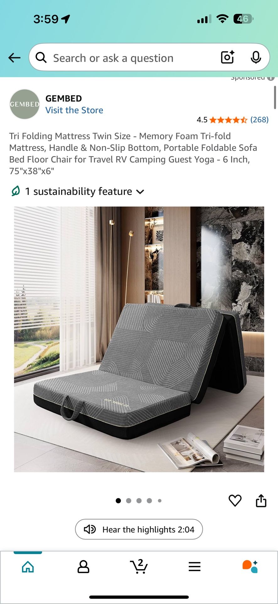 GemBed Memory Foam Tri-fold Bed BRAND NEW