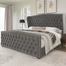 ✨Deep Button Tufted Upholstered King Bed with Nailhead Trim Wingback Headboard, Gray $240