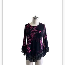 Alfani Petit Black/ Pink Flowers Lines Tunic 