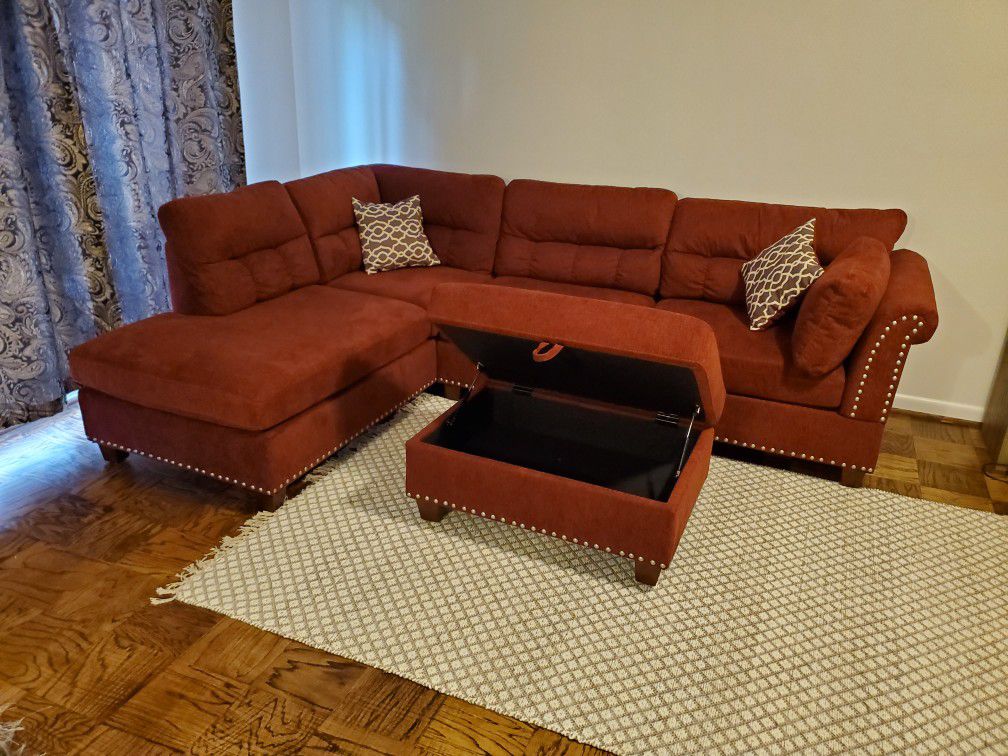 Brand New Red Velvet Like Sectional Sofa Couch +Storage Ottoman (New In Box) 