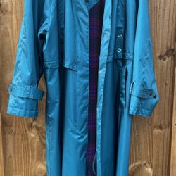 Vintage British Mist Teal Ladies’ Size 10 Trench/Rain Coat Removable Tartan Lining