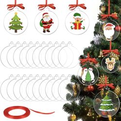 20Pcs Acrylic Christmas Ornament Blank with Red Ribbon, 3 inch Acrylic Circle Blank for Christmas Tree, Acrylic Keychain Blank with Hole, Clear Christ