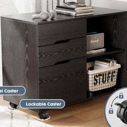 3-Drawer File Cabinet, Lateral Mobile Filing Cabinet Wood Storage Organizer with Wheels, Printer Stand & Open Shelves for Home Office Under Desk Organ