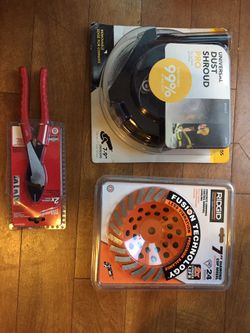 7-9 Inch Dust Shroud & 7 Inch Diamond Cup Wheel & Milwaukee Crimping Pliers 150$