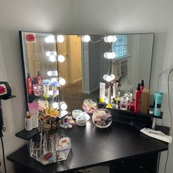 Makeup Vanity Desk with Lights & Power Outlet, Corner Vanity Table with 5 Rotating Drawers,3 Color Lighting, Brightness Adjustable, Shelves and Stool,