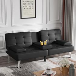 New Sofa Bed Modern Faux Leather Bed Convertible Folding Recliner for Living Room with 2 Cup Holders and Armrest Modern PU Leather Convertible Futon w