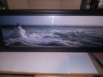 Panorama Hanging Wall Art, 39" Long Seascape Image of Waves Crashing Into a Lighthouse in French Passage du Fromveur🌊🌊🌊